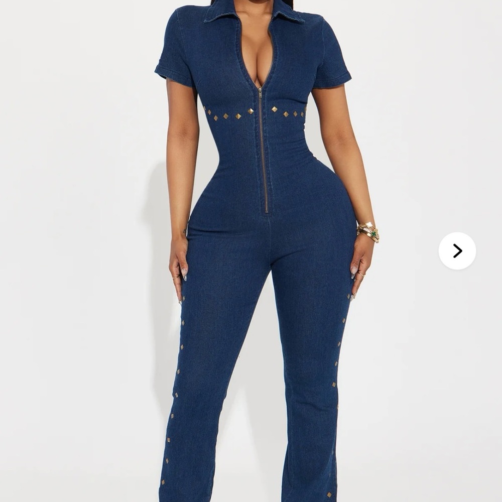 Stylish Fashion Nova Blue Jumpsuit with Gold Accents